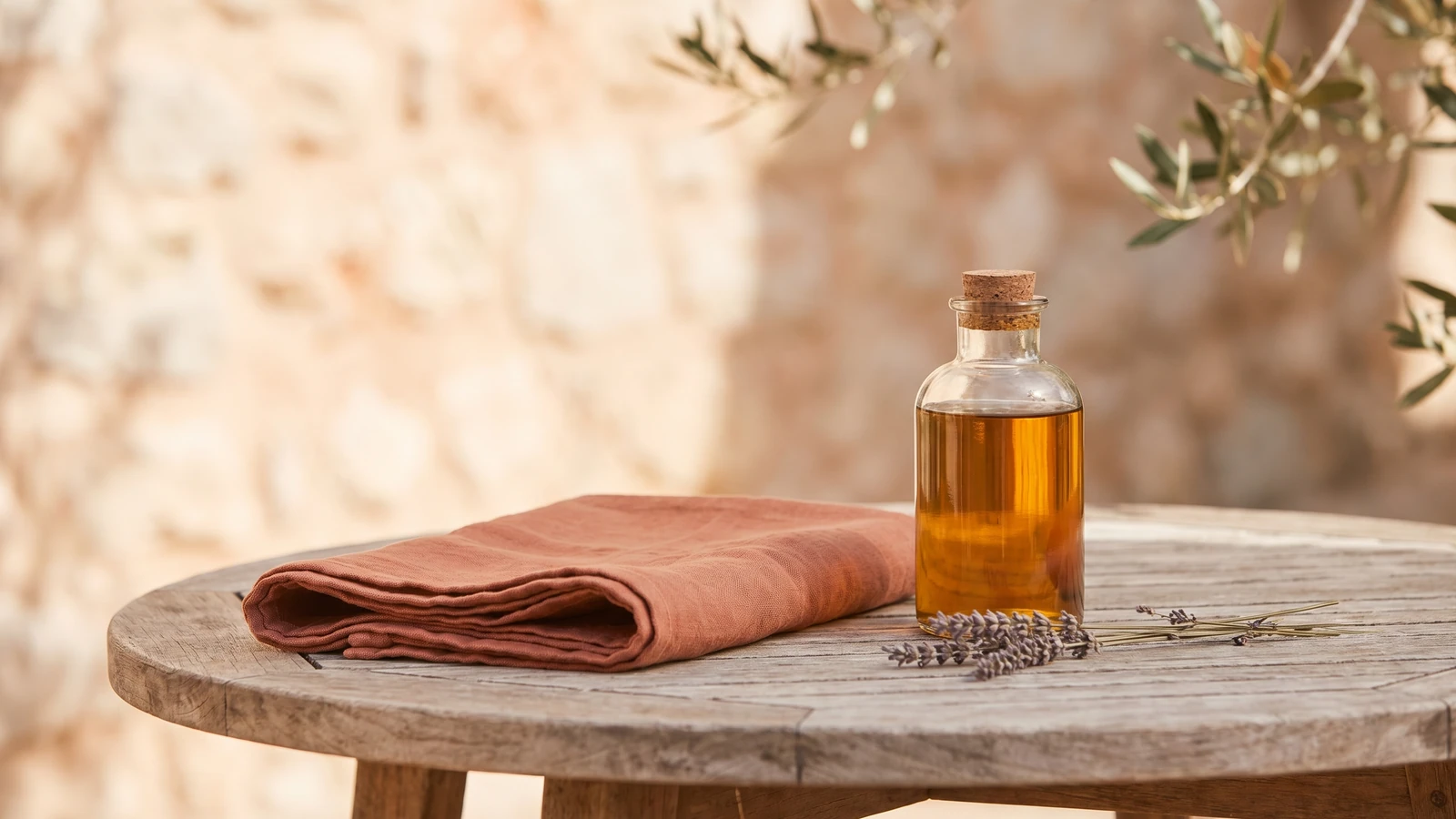 Tovallola plegada i una ampolla d'oli de massatge sense marca sobre una taula de fusta, amb un brot de lavanda i llum natural suau