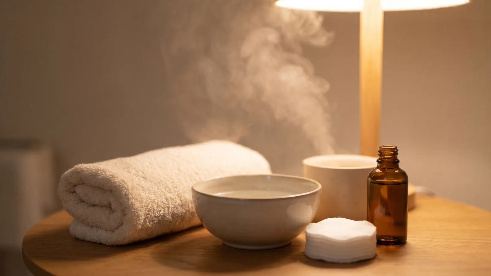 Tovallola, bol amb vapor suau i cotó per a una neteja facial, amb llum càlida