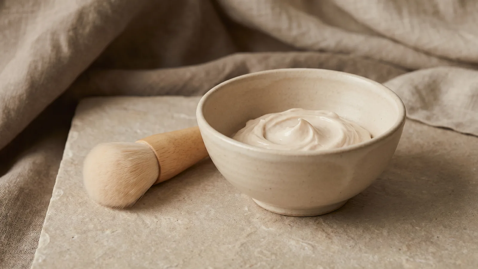 Bol de ceràmica amb crema i un pinzell suau sobre tela de lli
