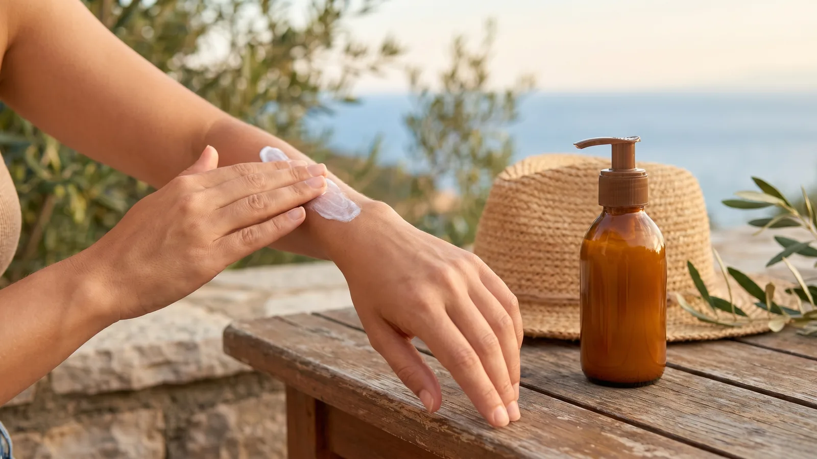 Mans aplicant crema solar a l'avantbraç amb llum d'estiu, amb un protector sense marca