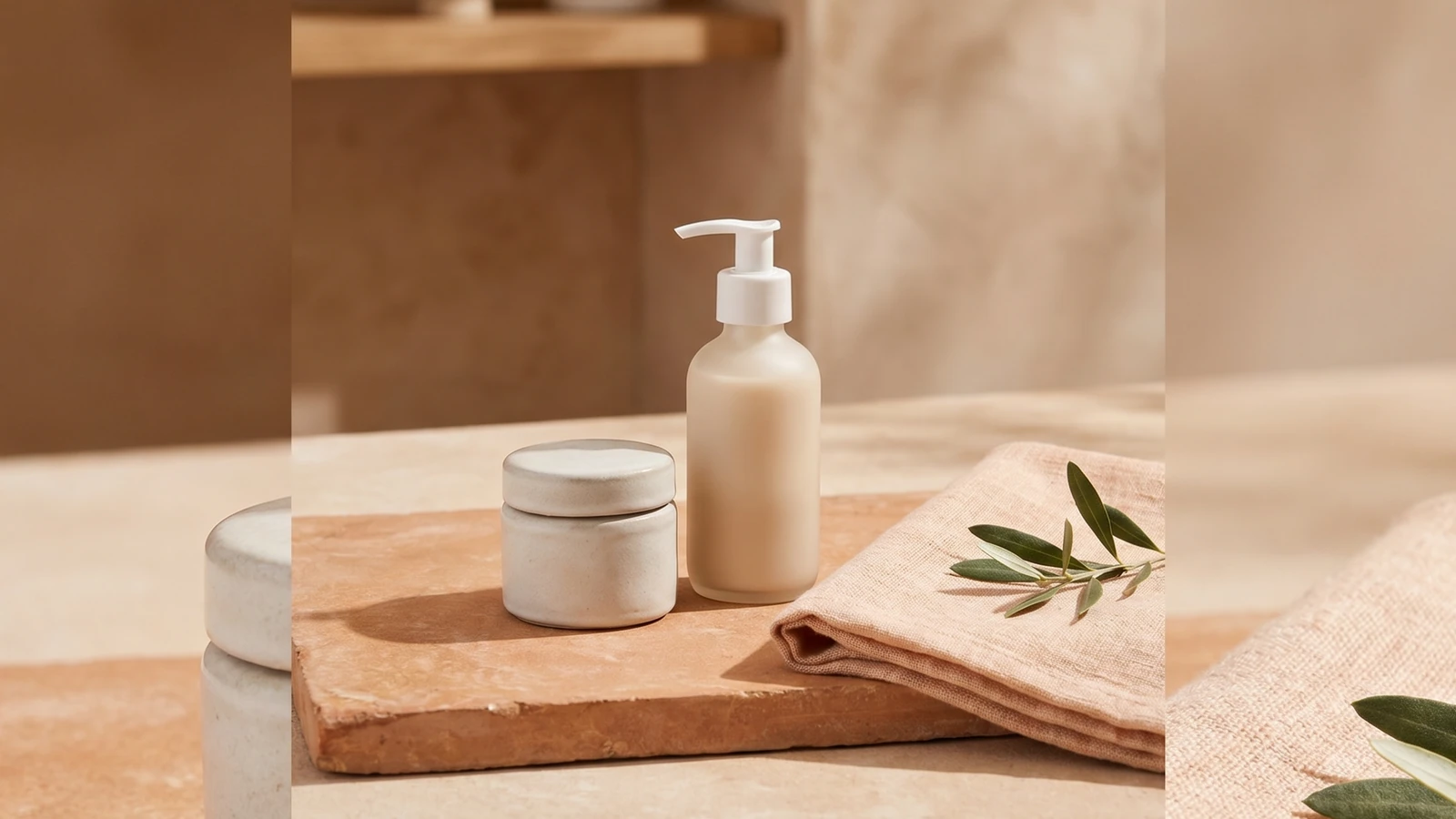 Pot de crema i ampolla sense marca amb una tovallola i una branca d'olivera, amb llum natural càlida