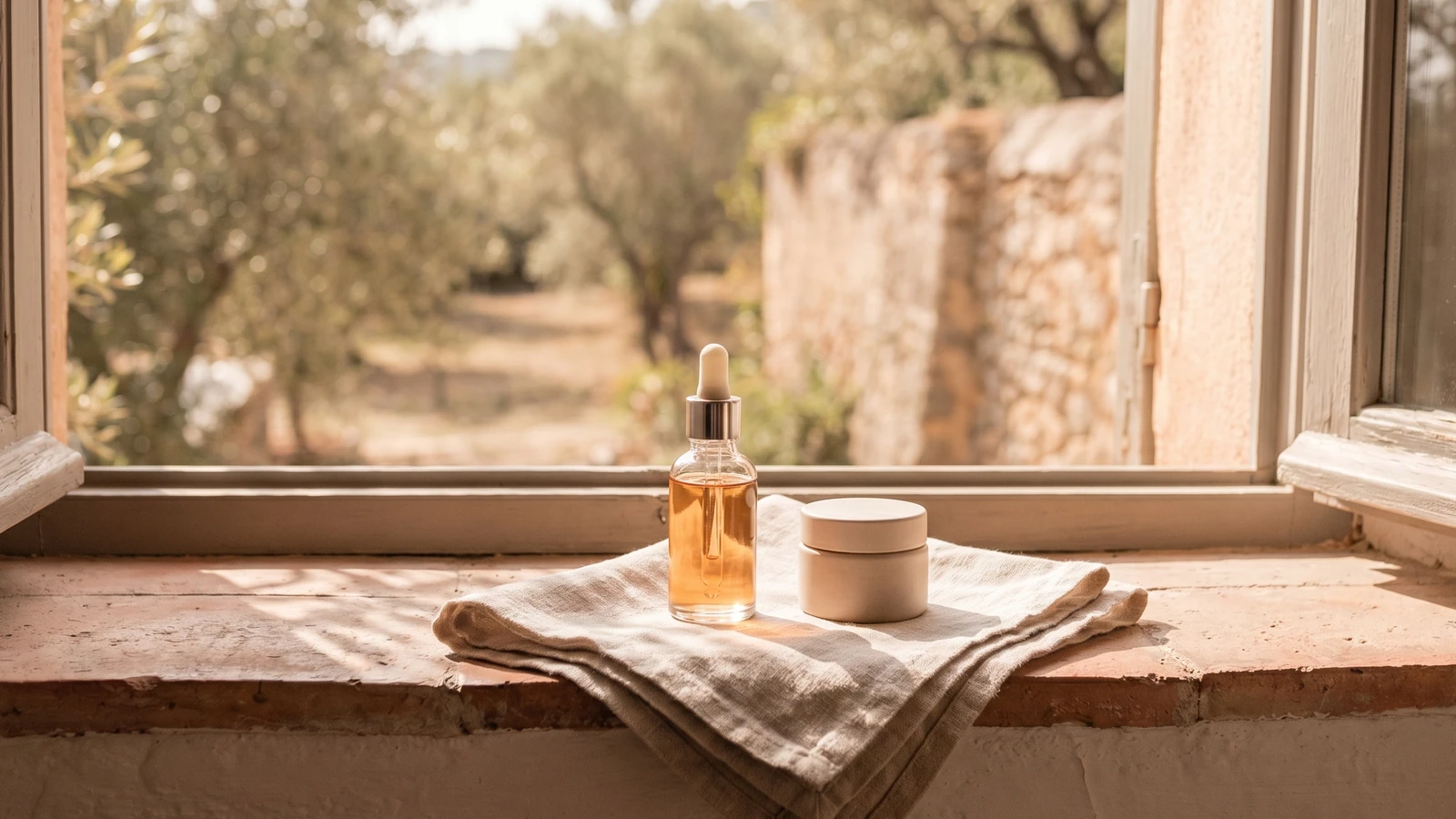 Ampolla amb comptagotes i un pot de crema en un ampit de finestra amb llum de matí mediterrània