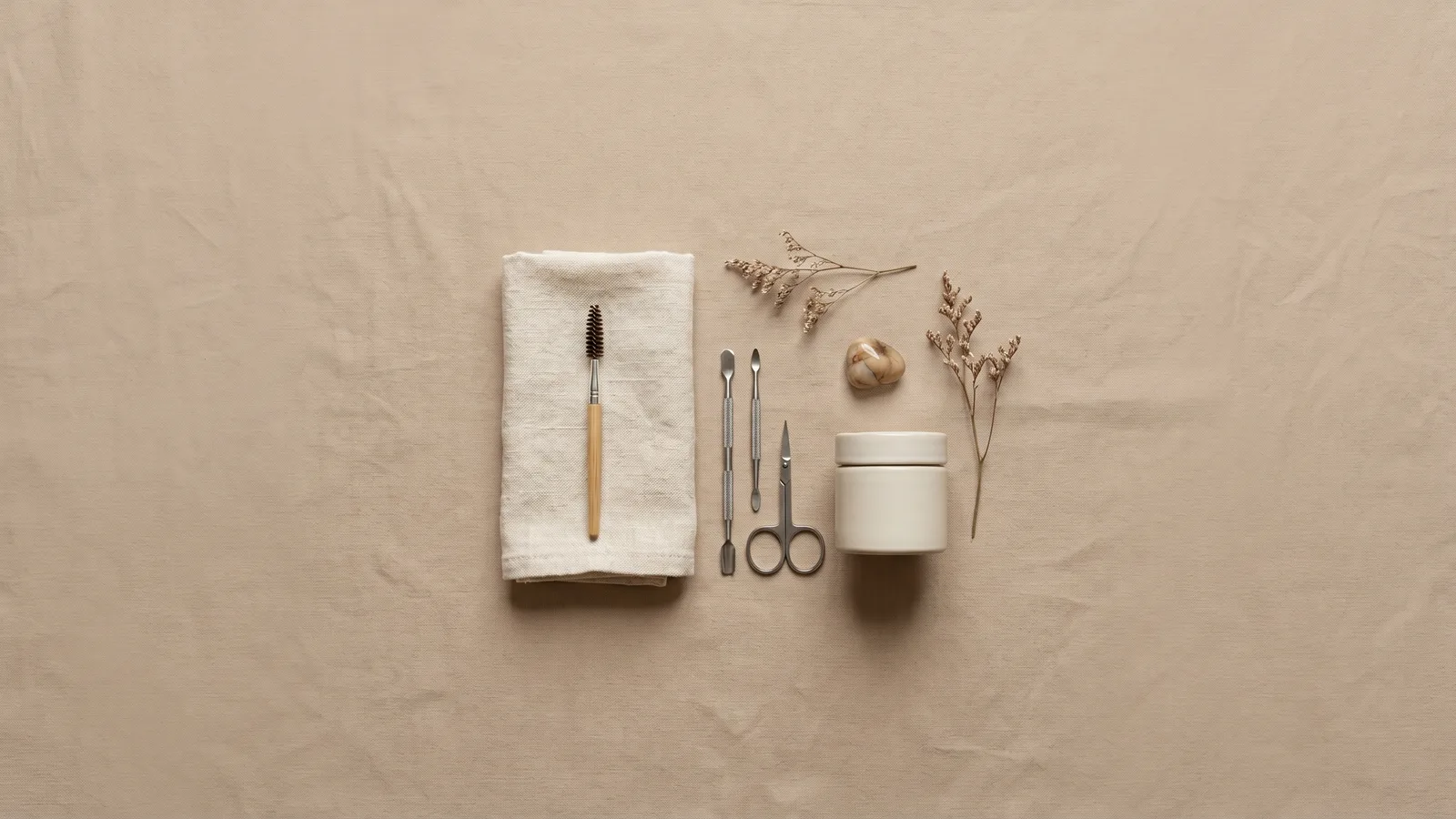 Estris de manicura i cura sobre una tela de lli neutra