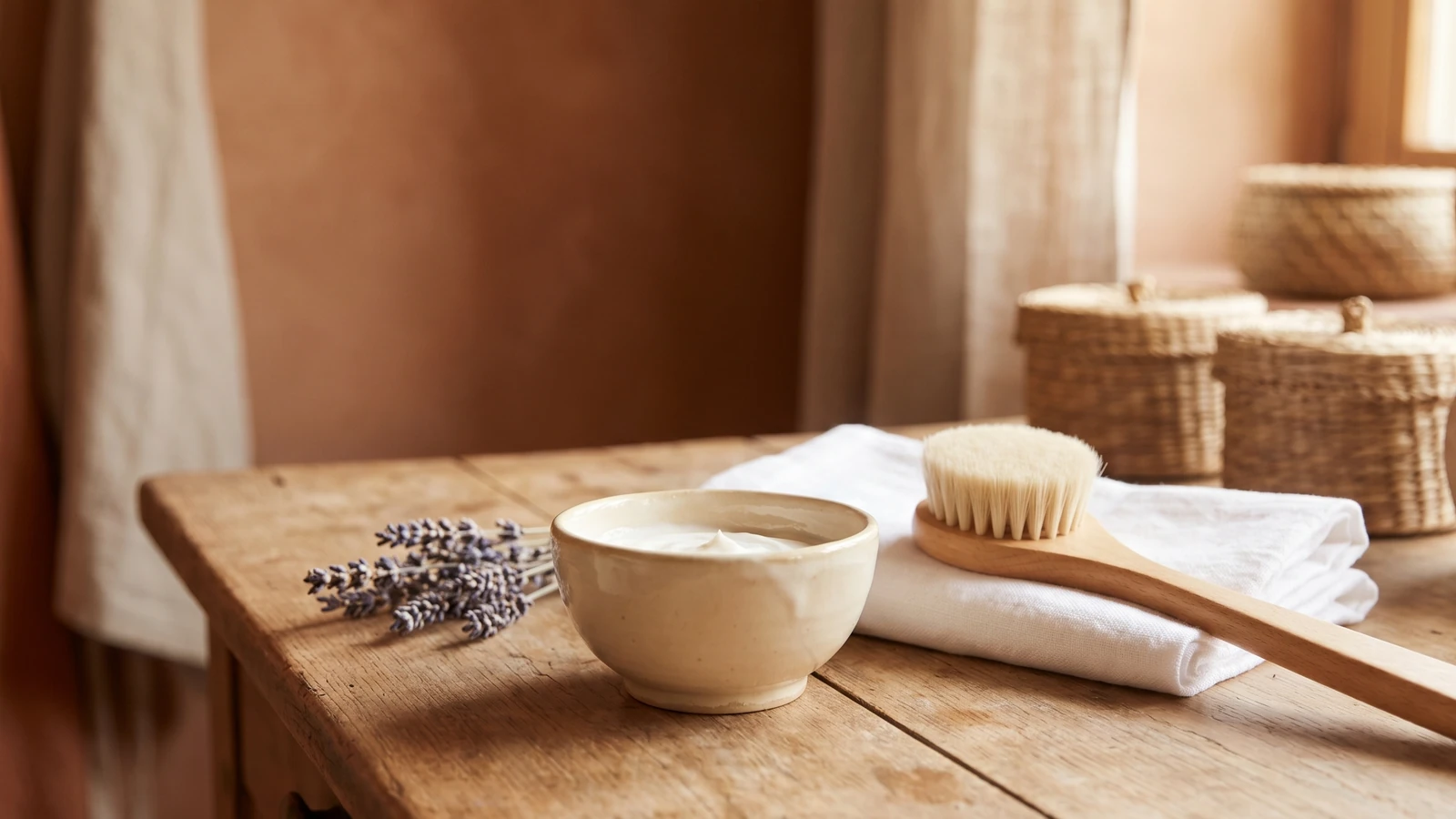 Bol de ceràmica amb crema, un raspall facial i una tovallola sobre fusta, amb llum suau